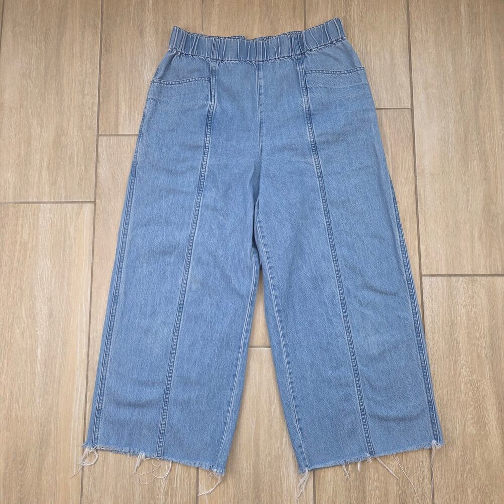 Madewell Jeans Womens M Blue Wide Leg Crop Pull On Elastic Waist Raw Hem Denim
